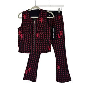 NWT Boys Valabasas Asterisk Black Red Stacked Flare Jeans utility vest set 10